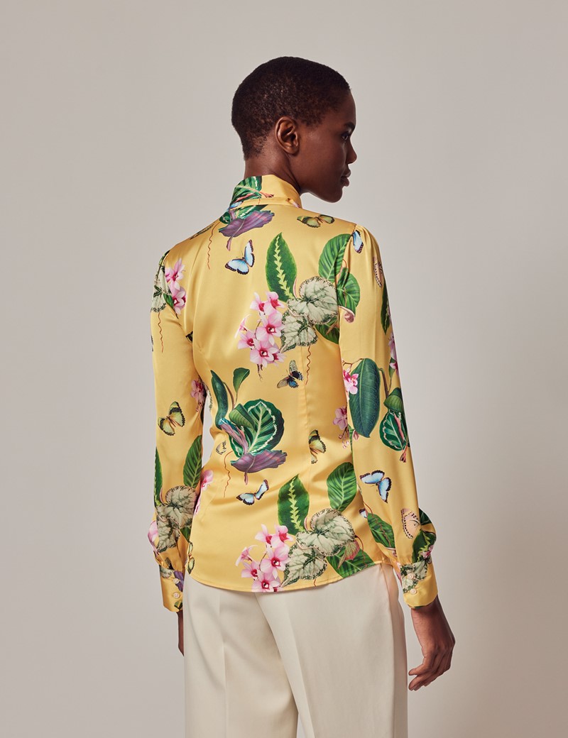 Women's Yellow & Green Tropical Floral Print Pussy Bow Blouse