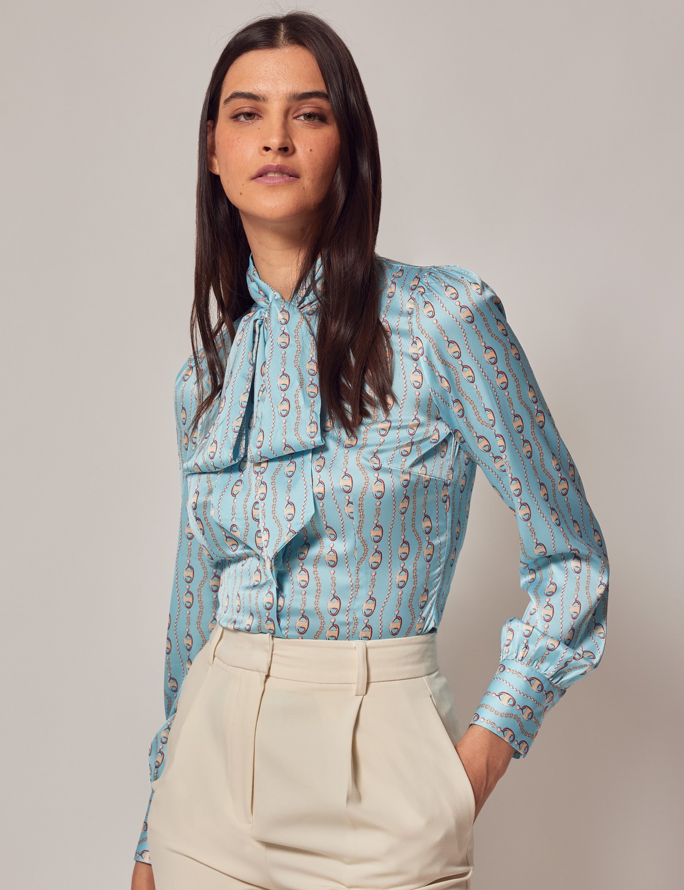 Blue & Yellow Chains Print Pussy Bow Blouse | Hawes & Curtis