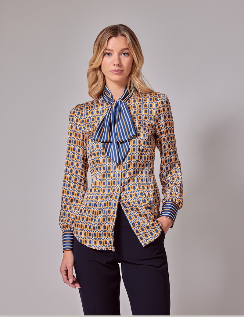 Woman's Orange & Navy Geometric Satin Pussybow Blouse