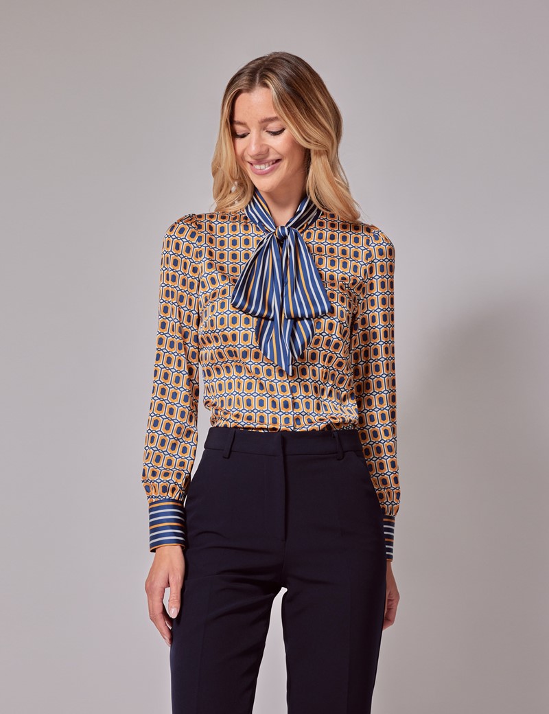 Woman's Orange & Navy Geometric Satin Pussybow Blouse