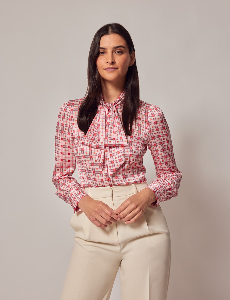 Woman's Cream & Pink Check Pussybow Blouse