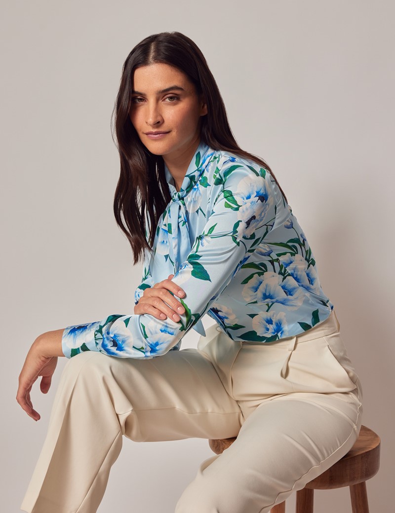 Woman's Blue & White Floral Pussybow Blouse
