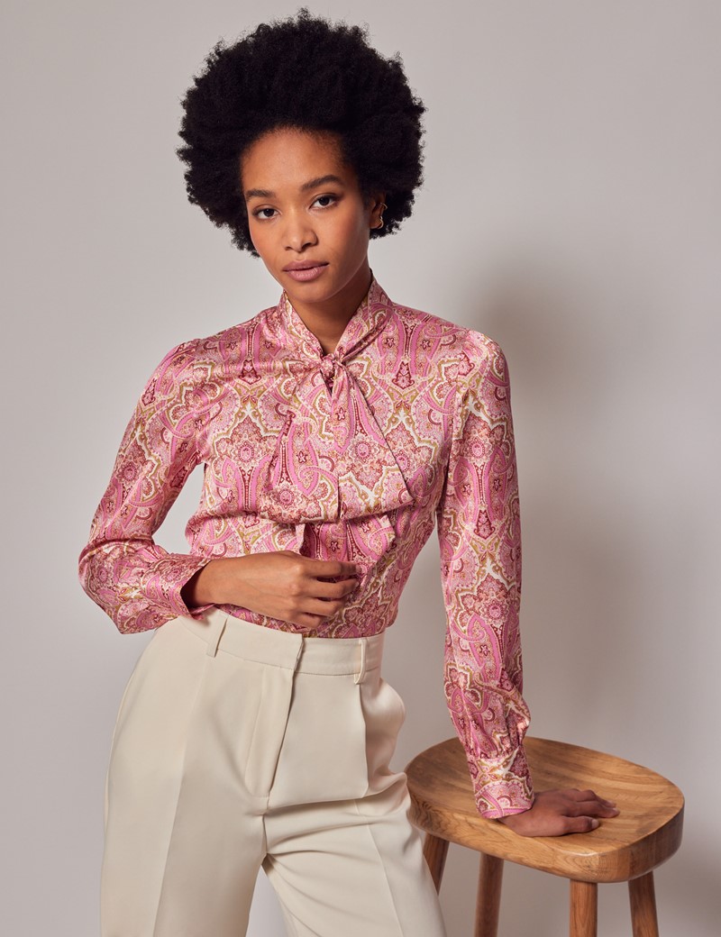 Woman's Pink & Green Paisley Pussybow Blouse