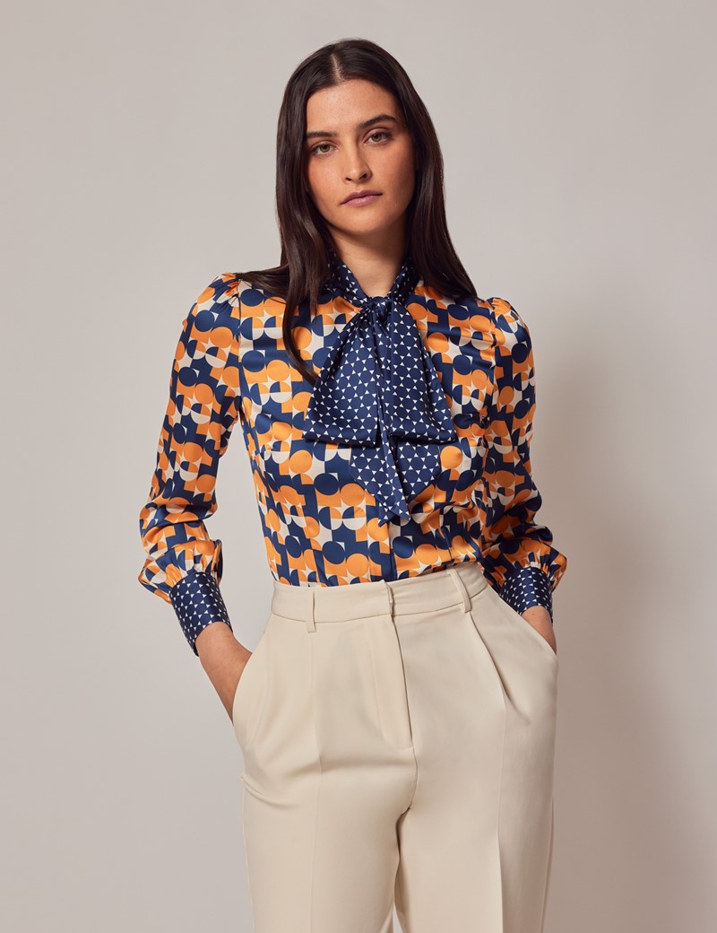 Women’s Navy & Orange Geometric Pussybow Blouse | Hawes & Curtis