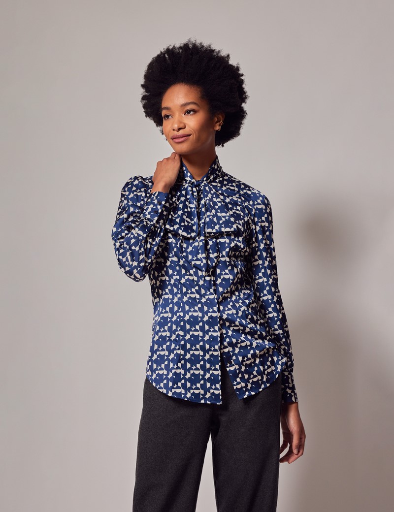 Women’s Navy & Cream Geometric Pussybow Blouse | Hawes & Curtis