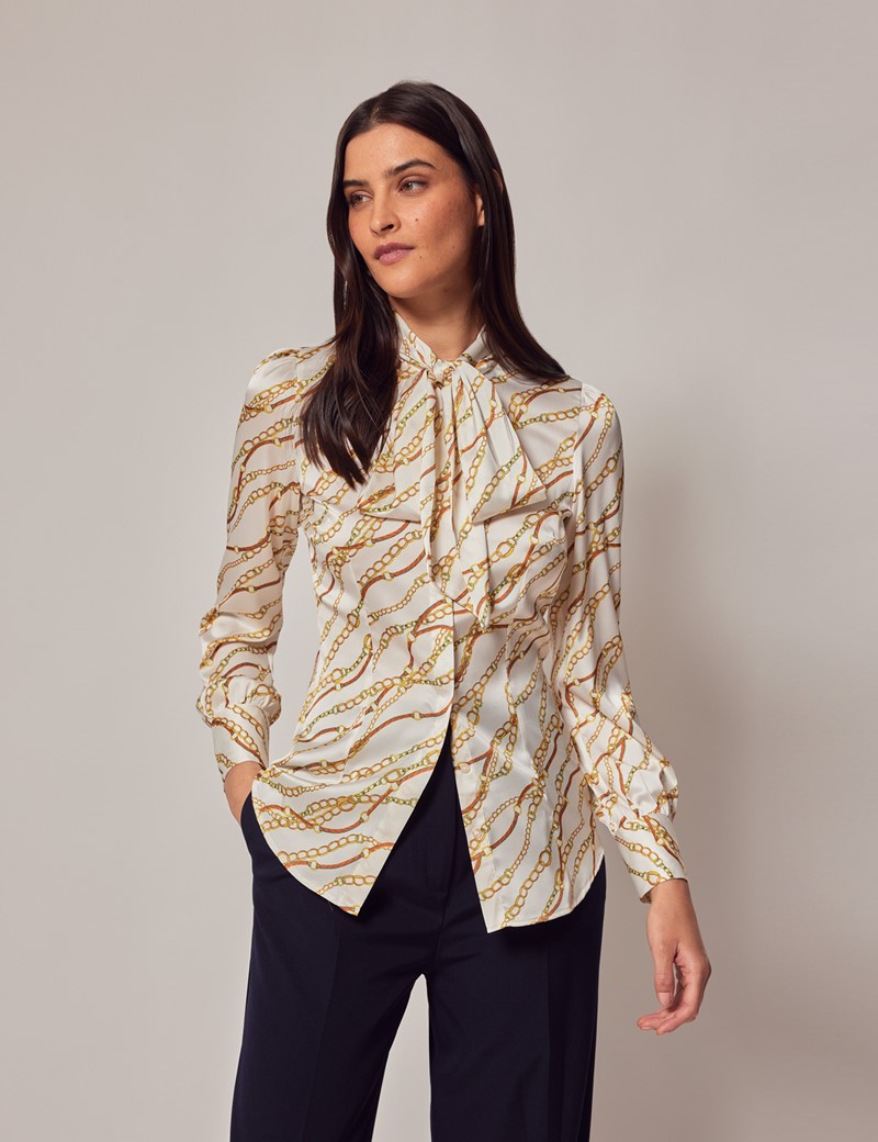 Women's White & Gold Chains Print Pussybow Blouse