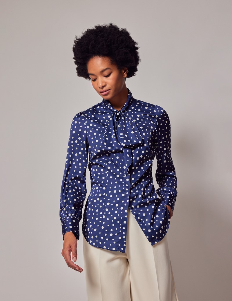 Navy and white sales spotted blouse