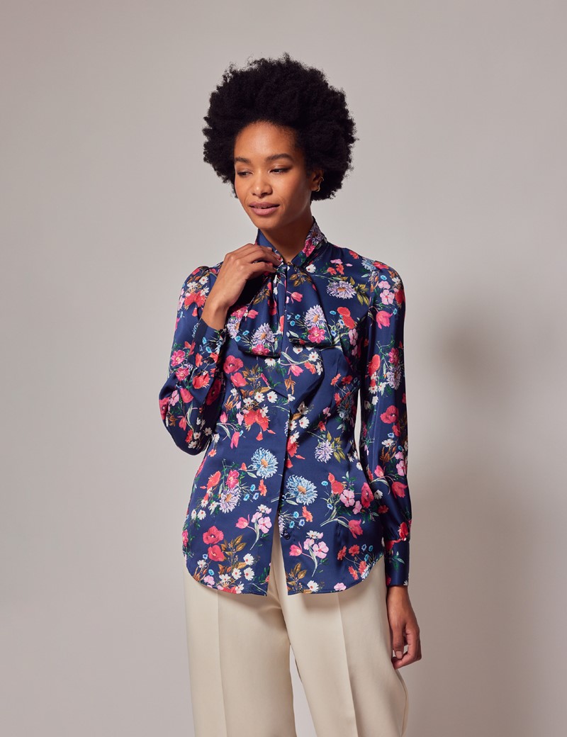 Women's Navy & Pink Floral Pussybow Blouse