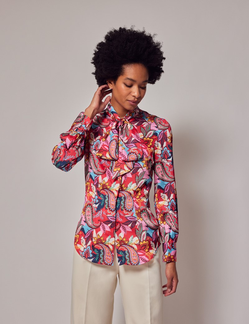Women's Red & Yellow Paisley Pussybow Blouse | Hawes & Curtis