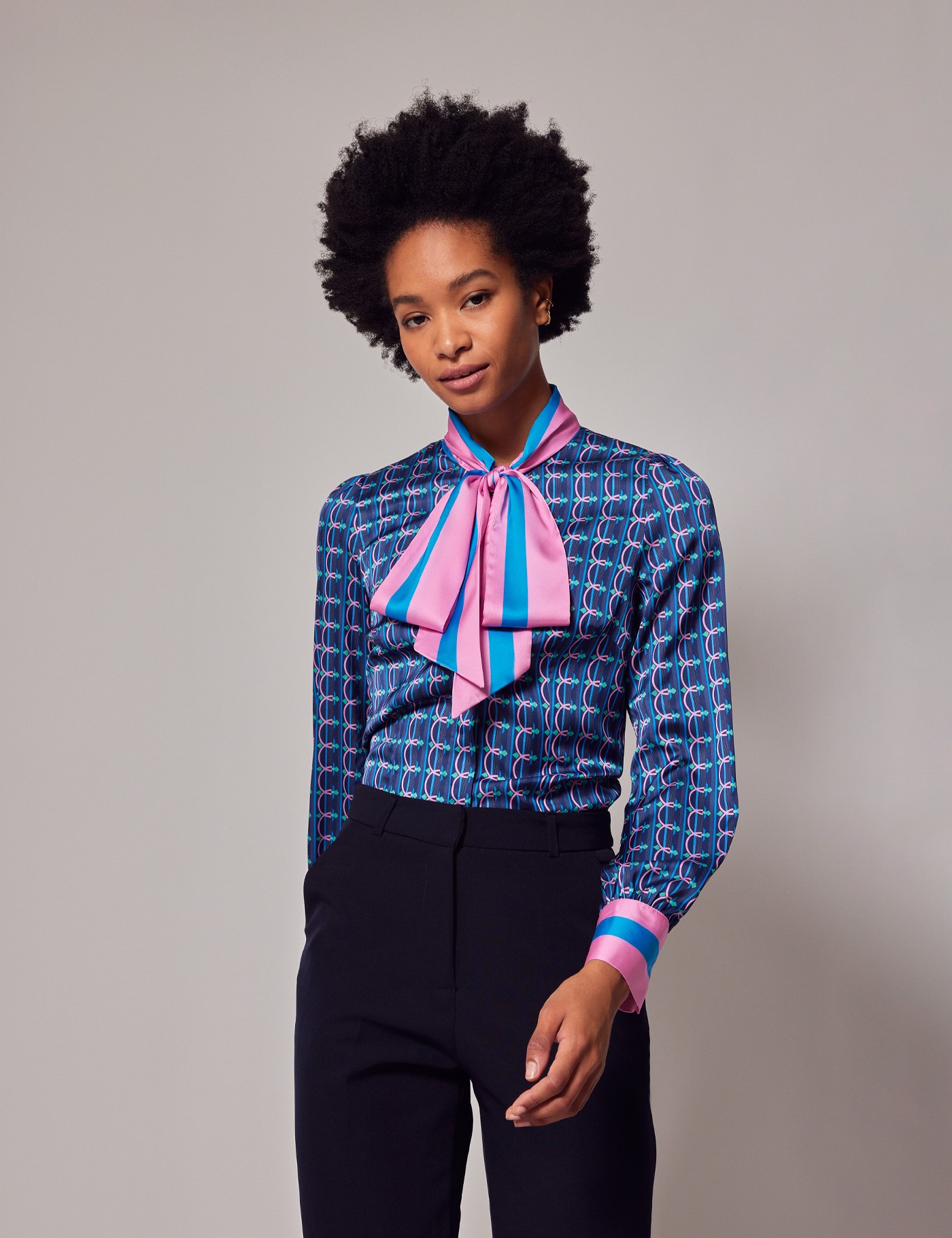 Women's Blue & Pink Geometric Pussybow Blouse | Hawes & Curtis