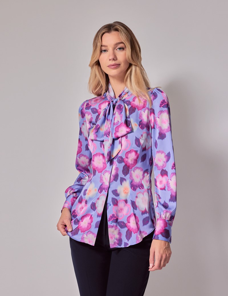 Women's Purple & Fuchsia Floral Pussybow Blouse | Hawes & Curtis