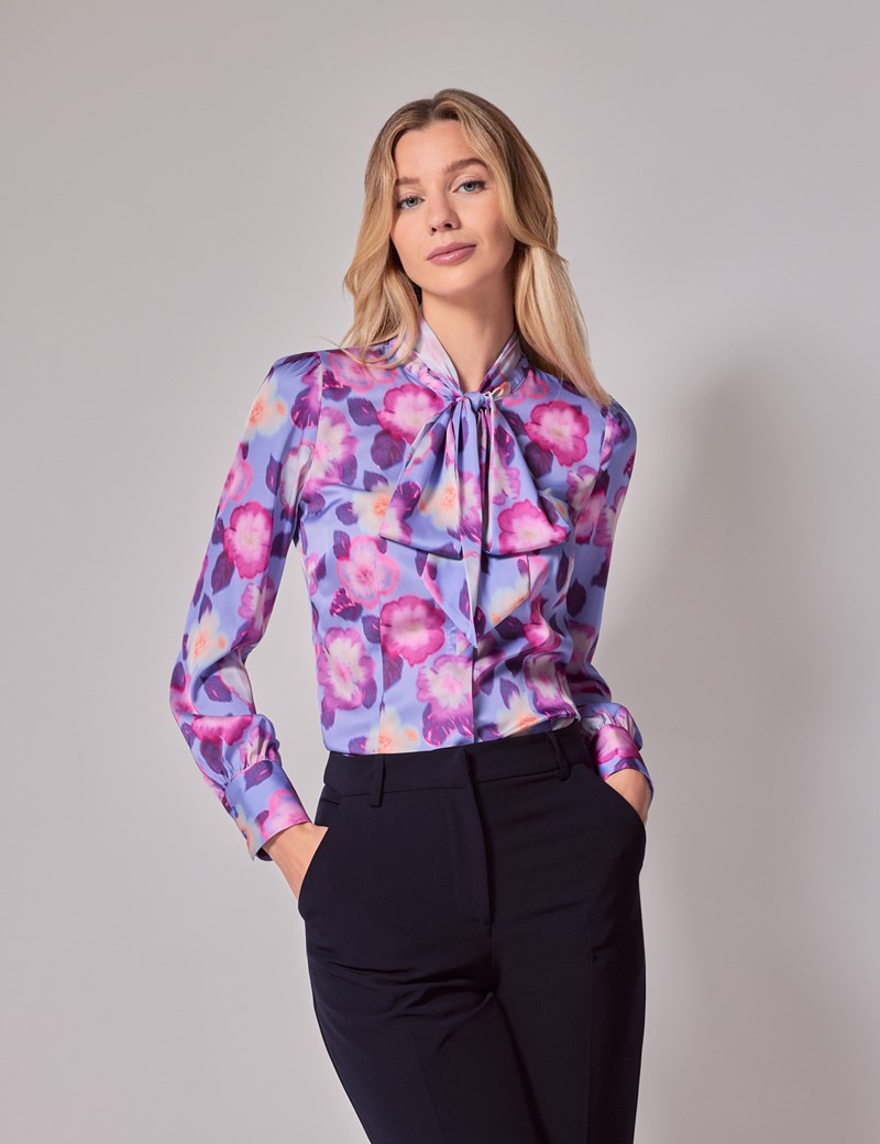 Women’s Purple & Fuchsia Floral Pussybow Blouse | Hawes & Curtis