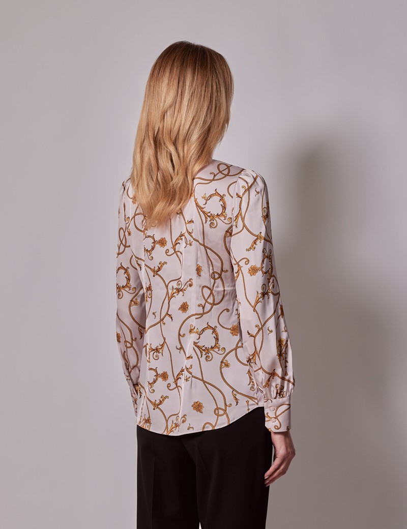 Women's White & Gold Chains Print Pussybow Blouse