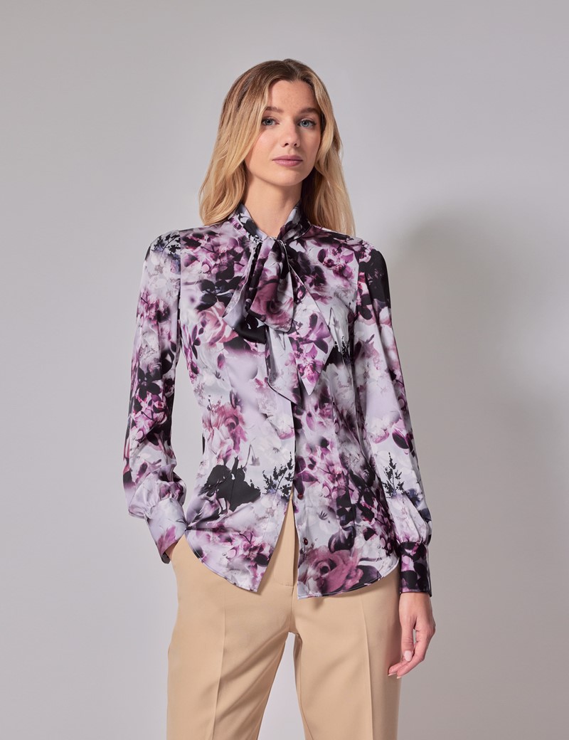 Woman's Pink & Fuchsia Floral Satin Pussybow Blouse | Hawes & Curtis