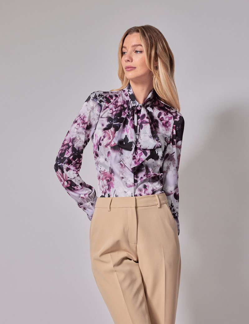 Woman's Pink & Fuchsia Floral Satin Pussybow Blouse | Hawes & Curtis