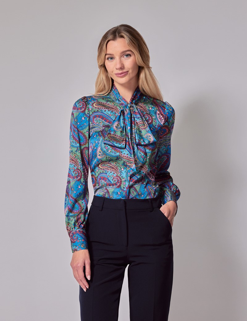 Woman's Green & Blue Paisley Satin Pussybow Blouse | Hawes & Curtis