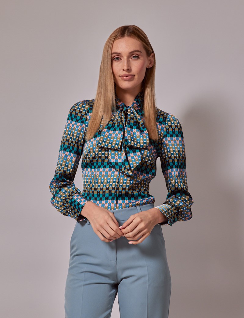 Women’s Green & Blue Geometric Circles Satin Pussybow Blouse | Hawes ...