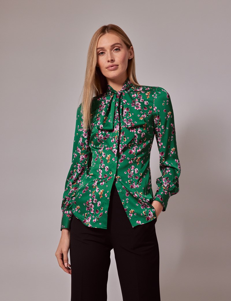 Women’s Green & Pink Rose Satin Pussybow Blouse | Hawes & Curtis