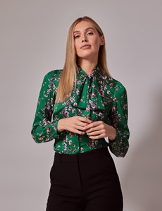 Women’s Green & Pink Rose Satin Pussybow Blouse | Hawes & Curtis