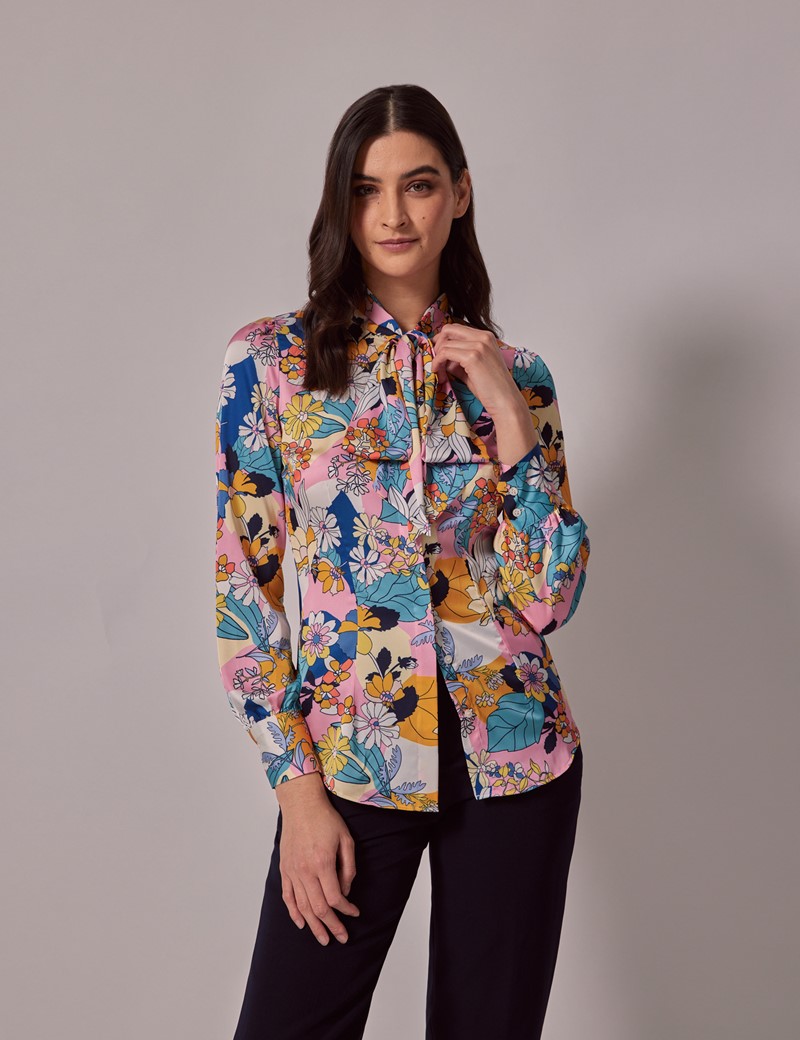 Women’s Pink & Yellow Floral Satin Pussybow Blouse | Hawes & Curtis