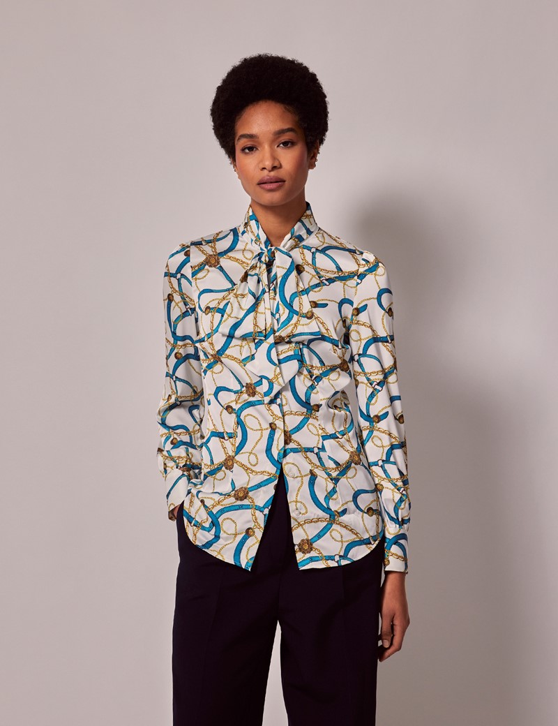 Women’s White & Gold Chains Satin Pussybow Blouse | Hawes & Curtis