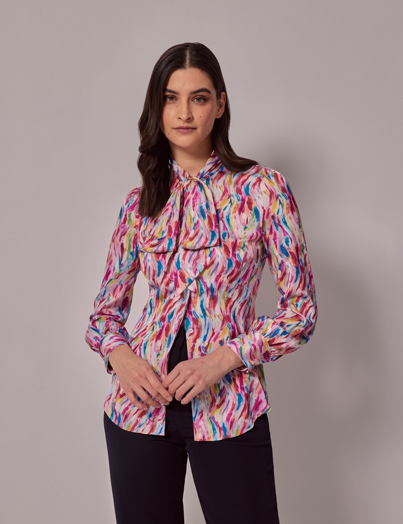 Women's Pink & Blue Paint Stroke Satin Pussybow Blouse | Hawes 