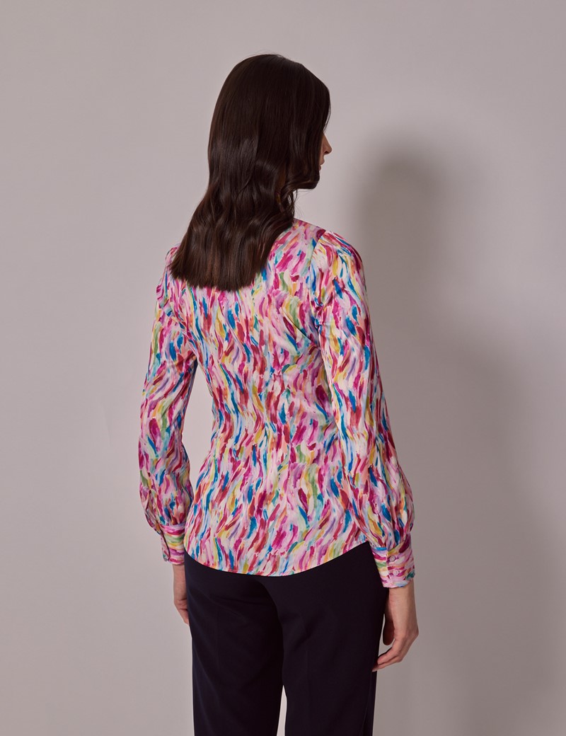 Pink & Blue Paint Stroke Satin Pussybow Blouse