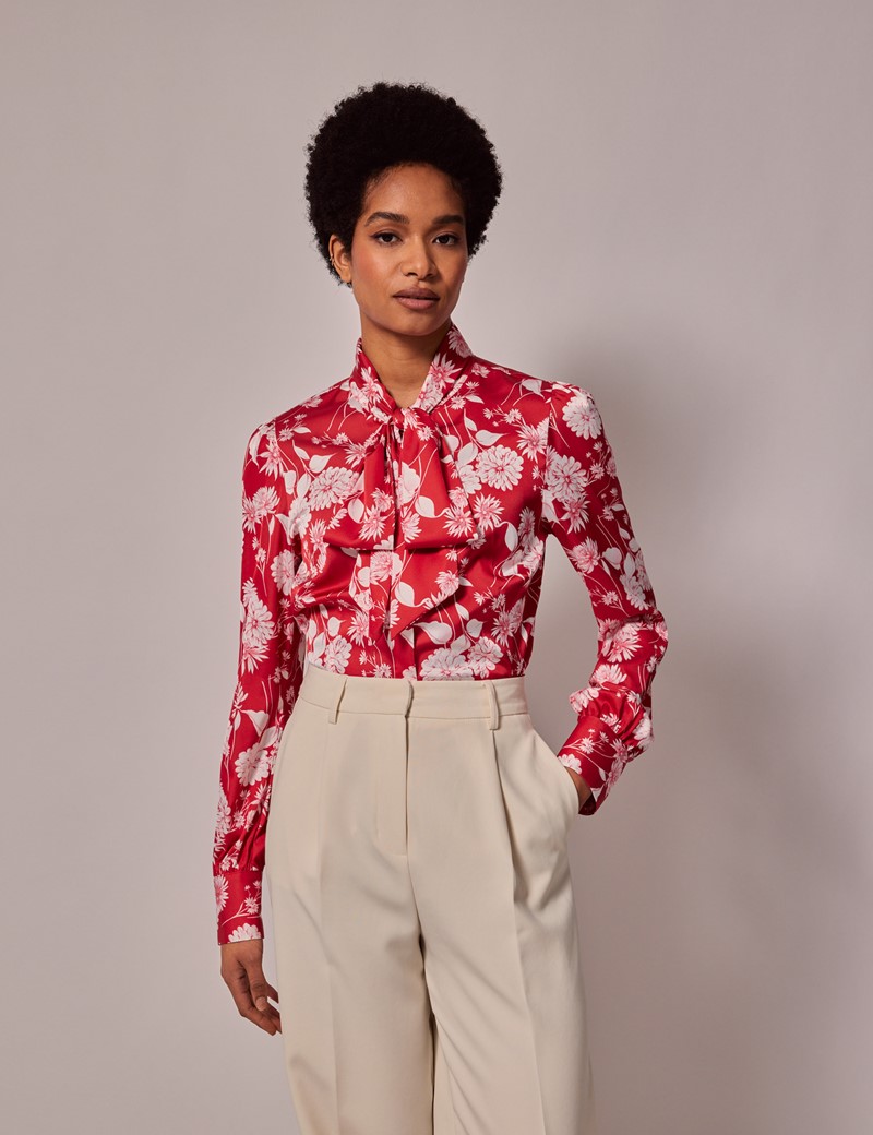 Women’s Red & White Floral Satin Pussybow Blouse | Hawes & Curtis