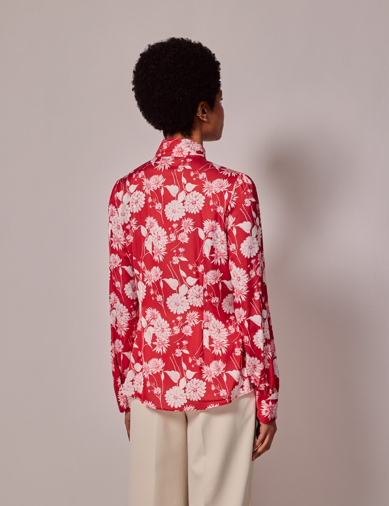 Women’s Red & White Floral Satin Pussybow Blouse | Hawes & Curtis