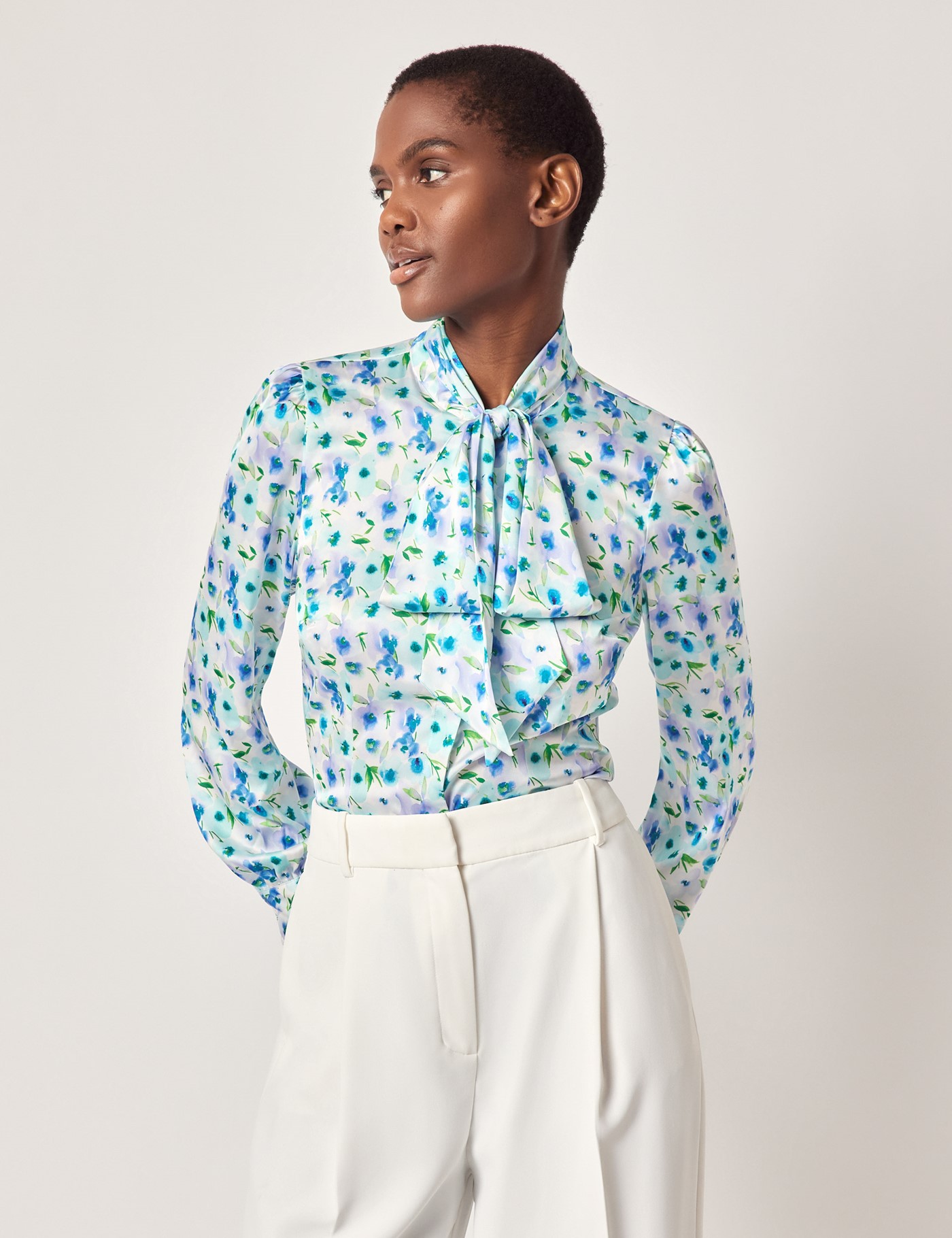& & Purple Floral Pussybow Blouse