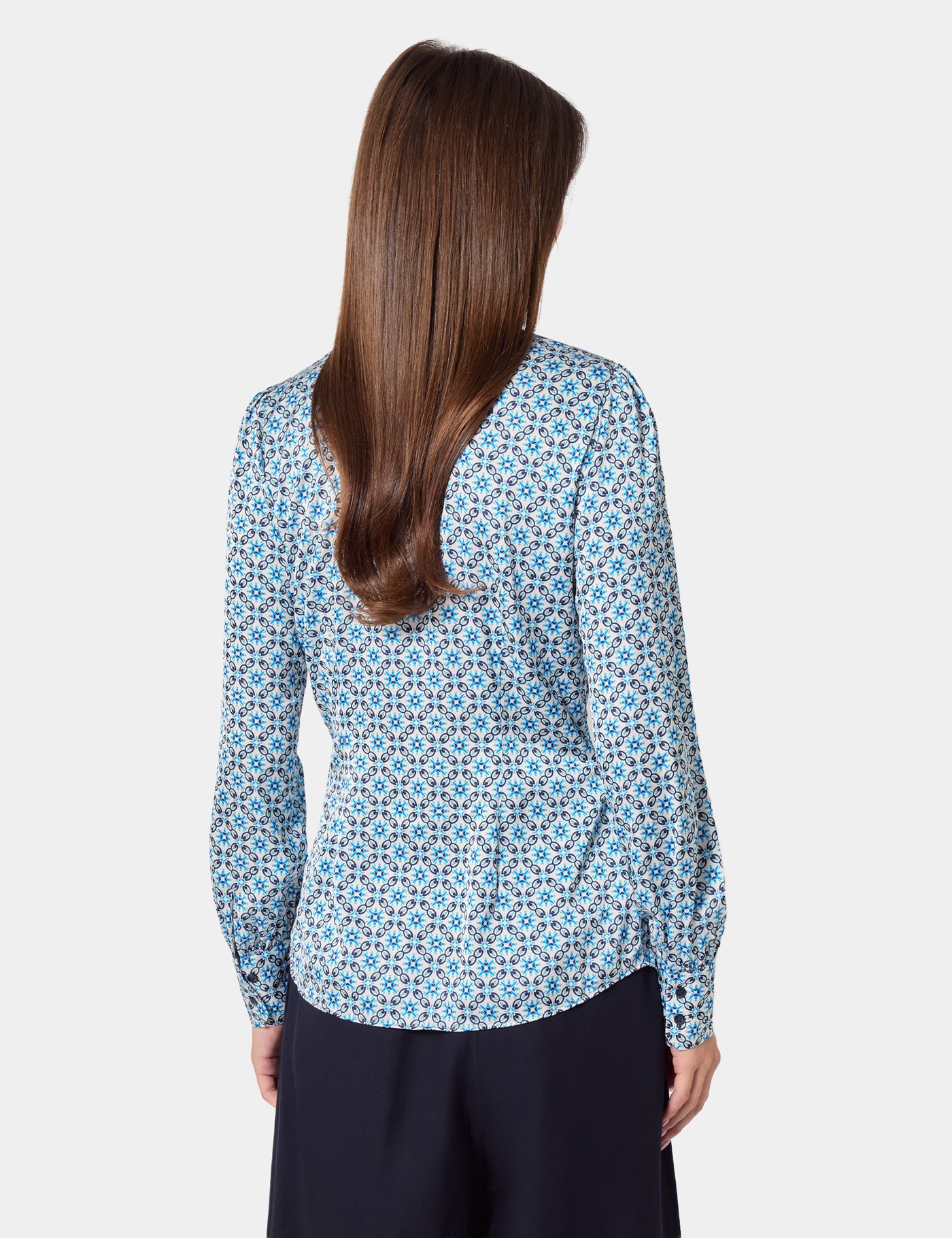 Hawes & Curtis Blue & Green Geometric Pussybow Blouse Size: 8 image 4