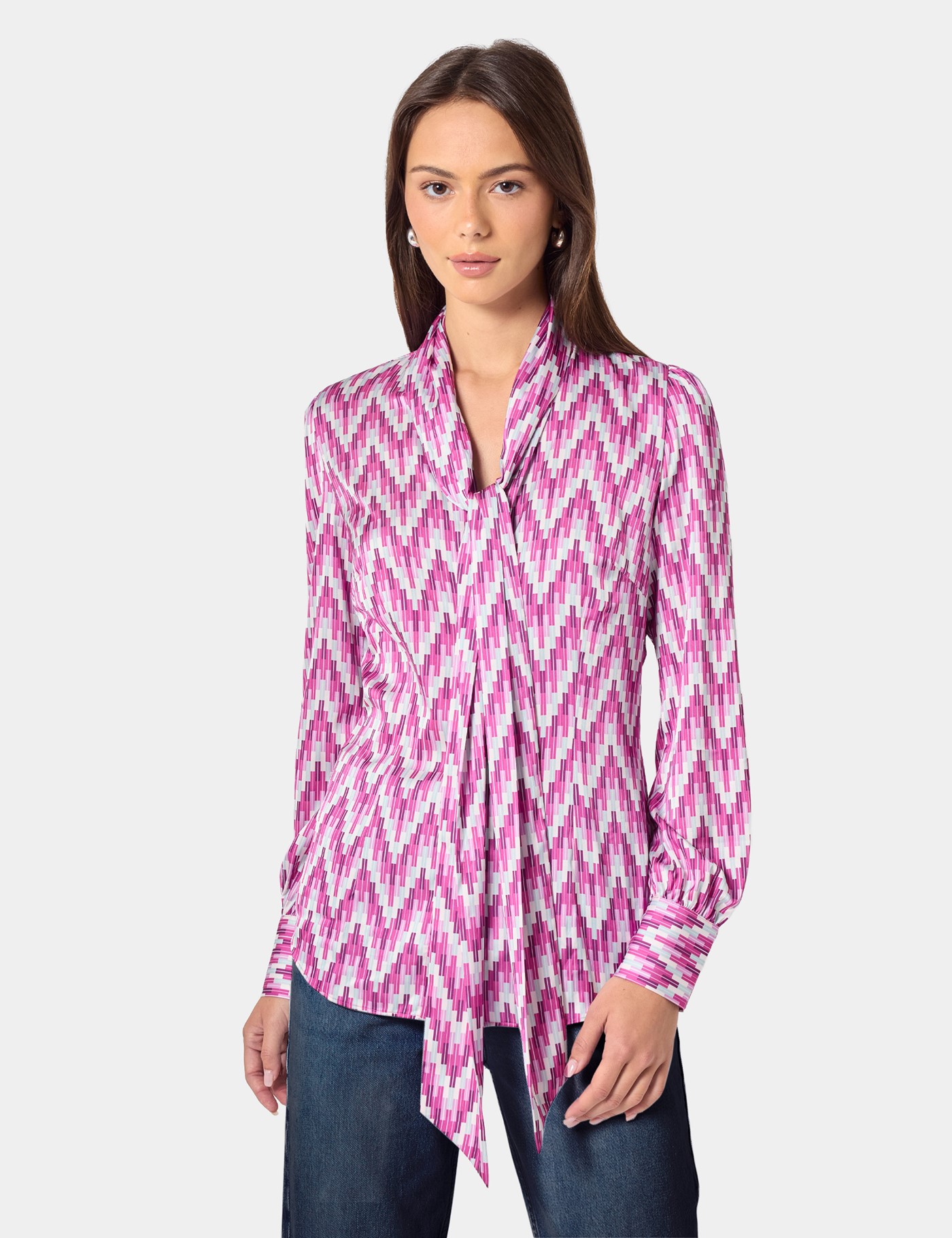Hawes & Curtis Pink & Cream Geometric Pussybow Blouse Size: 6 image 3