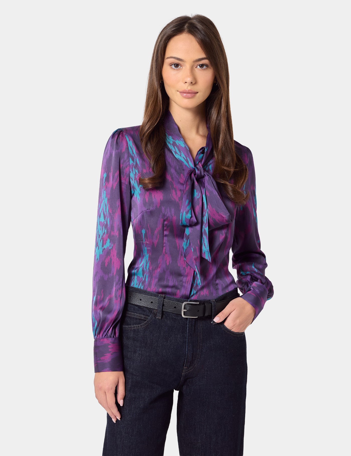 & & Pink Paint Stroke Pussybow Blouse