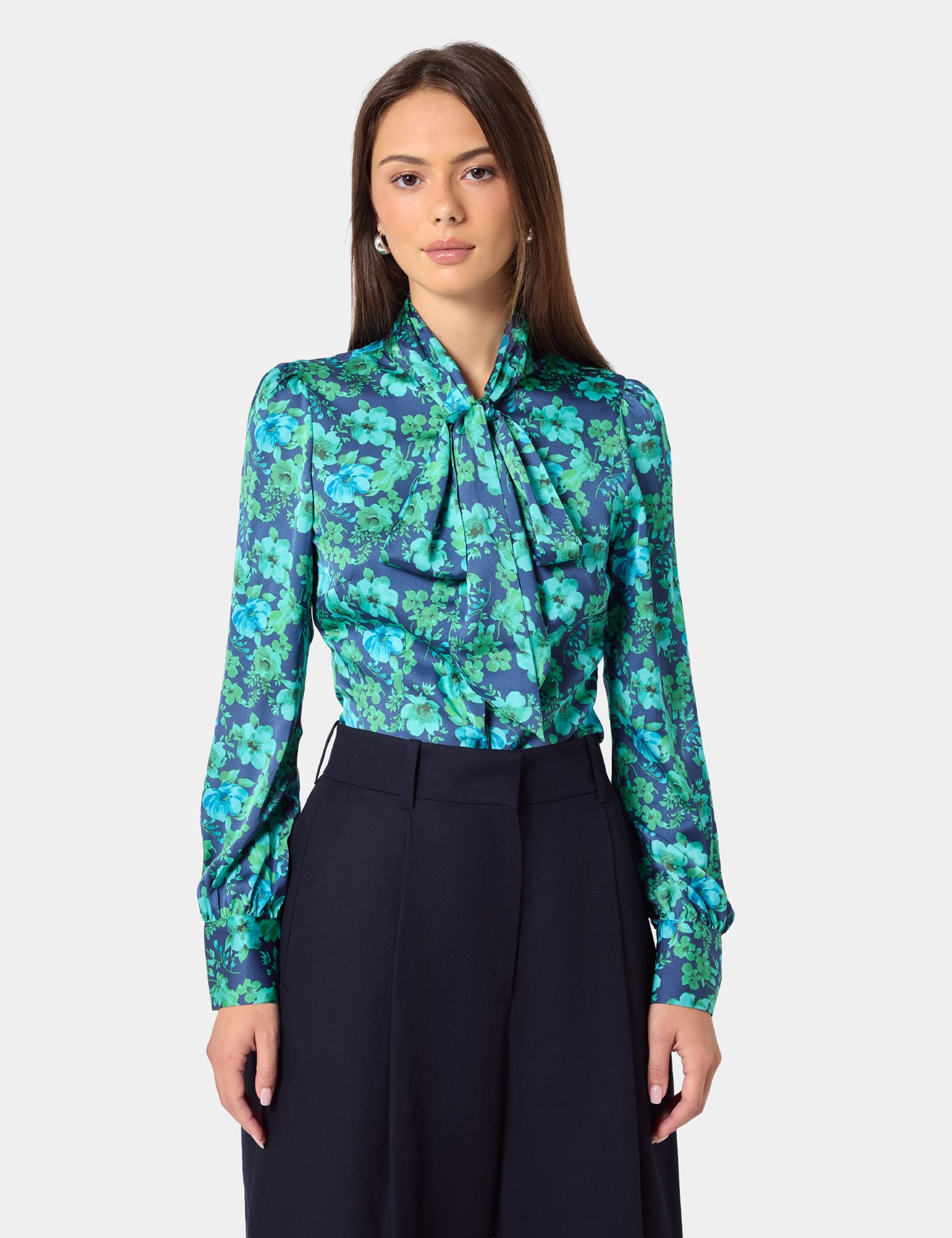 & & Green Floral Pussybow Blouse