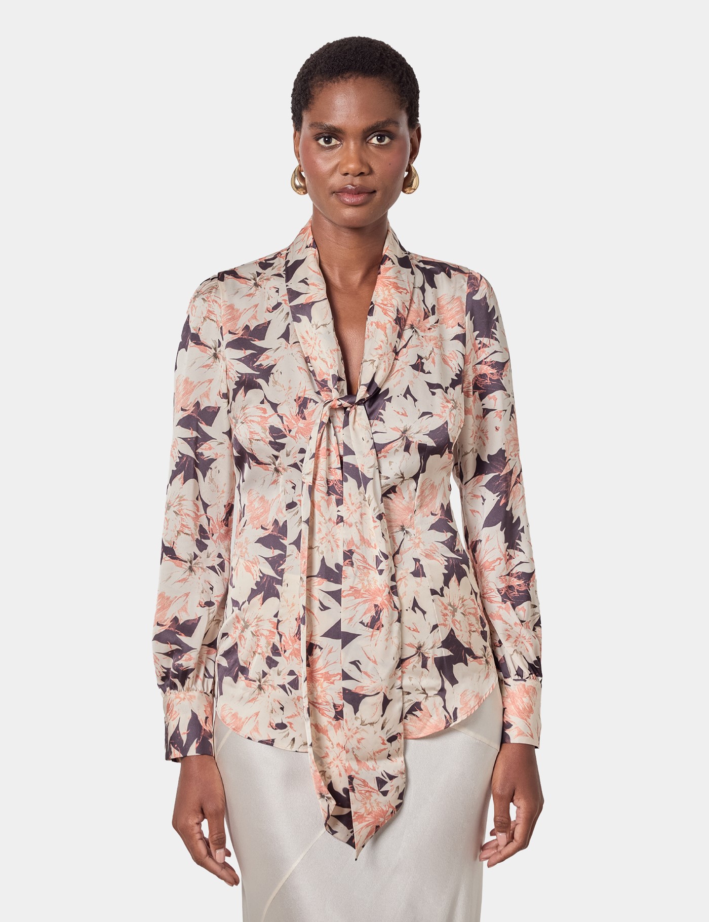 & & Cream Floral Pussybow Blouse