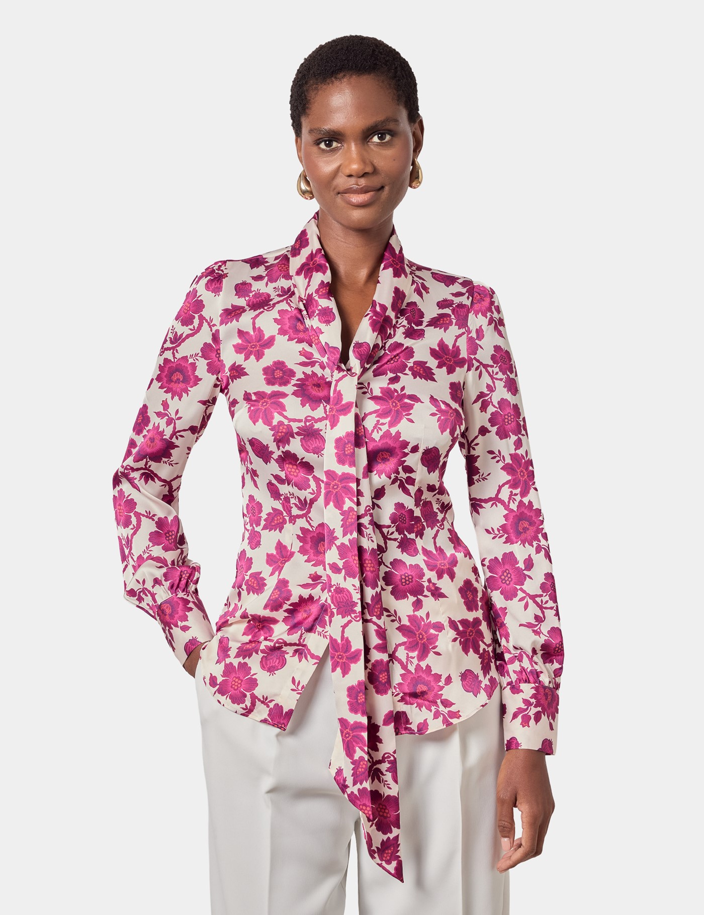 & & Fuchsia Floral Pussybow Blouse