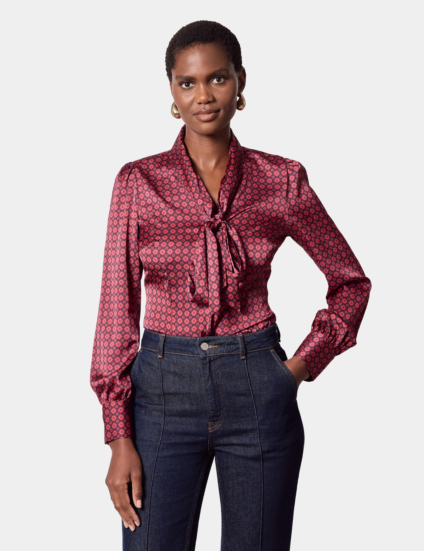 & & Red Geometric Pussybow Blouse