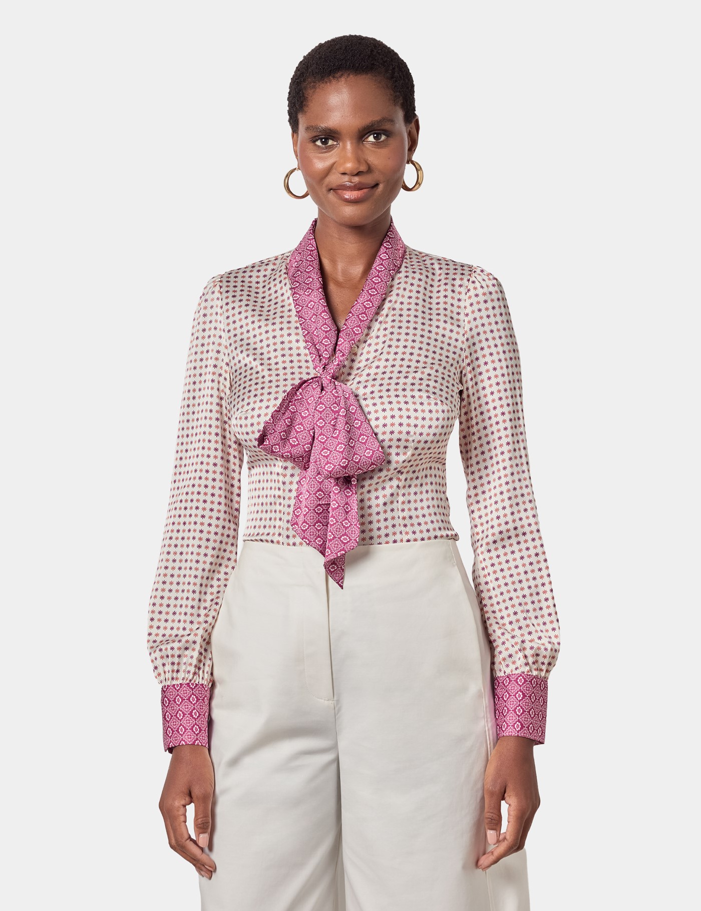 & & Magenta Geometric Pussybow Blouse