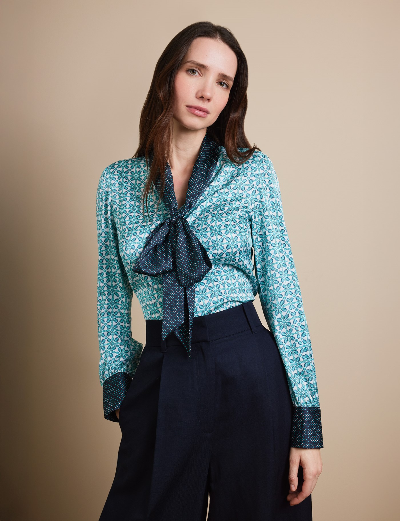 & & Teal Geometric Pussybow Blouse