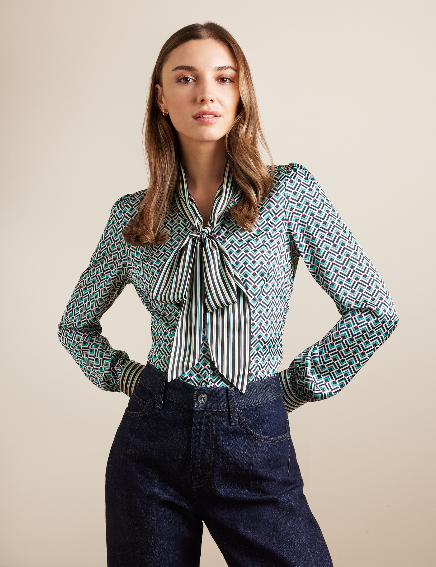 & & Teal Diamond Stripe Pussybow Blouse