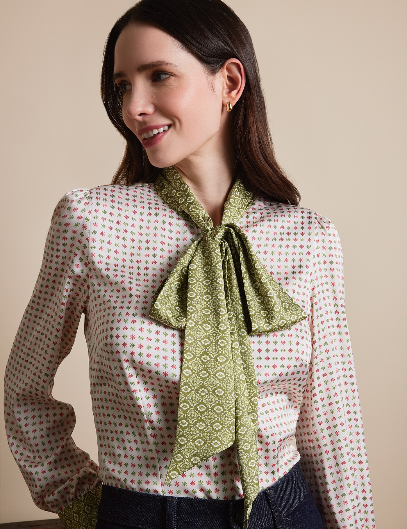 & Cream & Geometric Pussybow Blouse