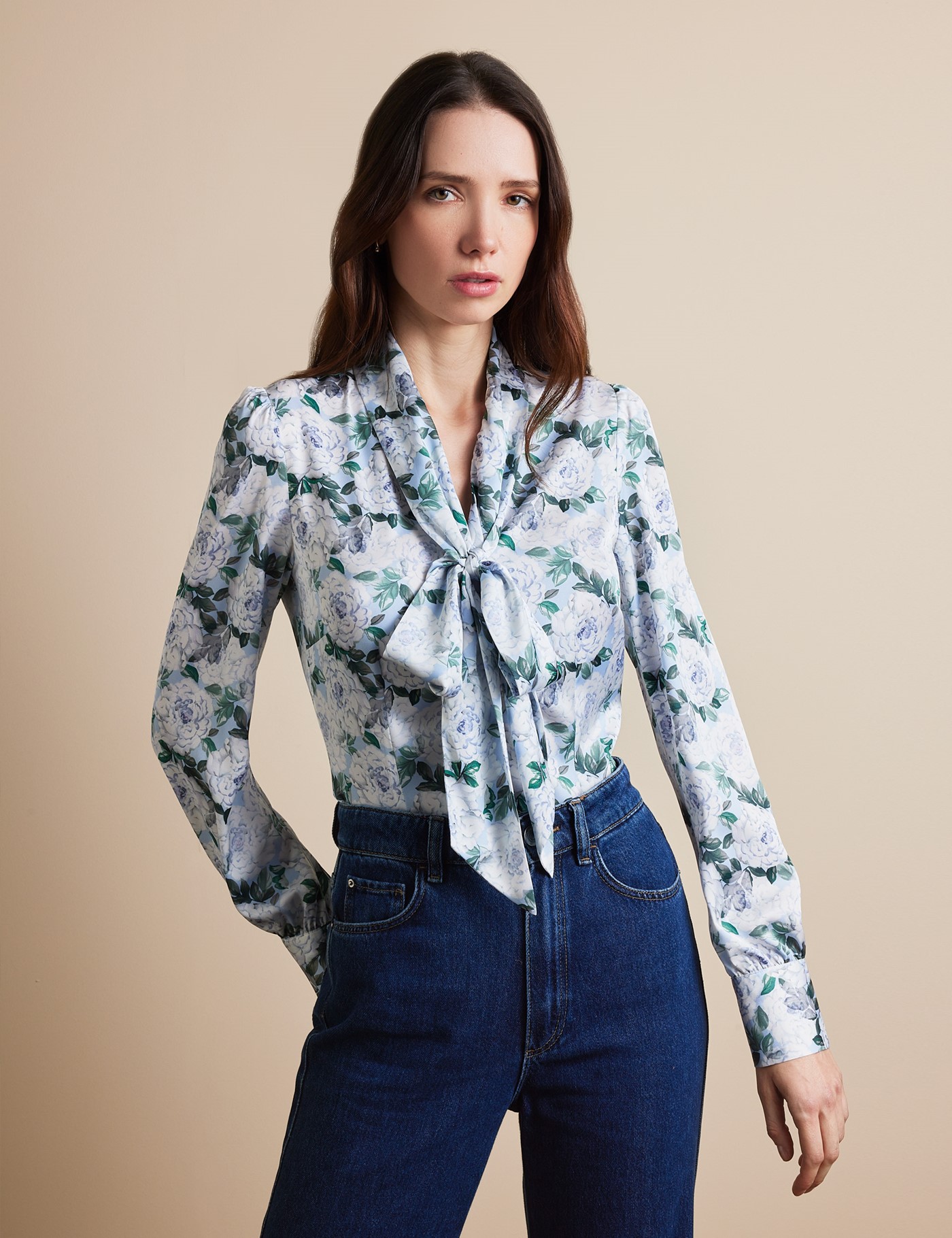 Hawes & Curtis Light Blue & White Floral Pussybow Blouse Size: 8 image 2