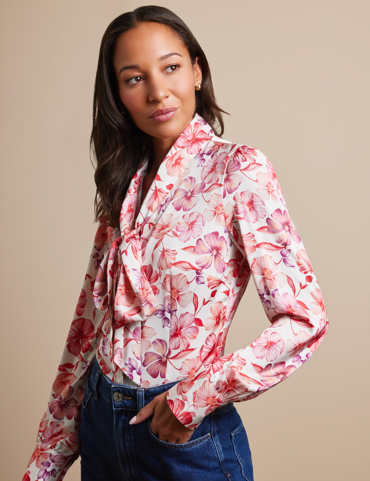 Hawes & Curtis Cream & Red Floral Pussybow Blouse Size: 8