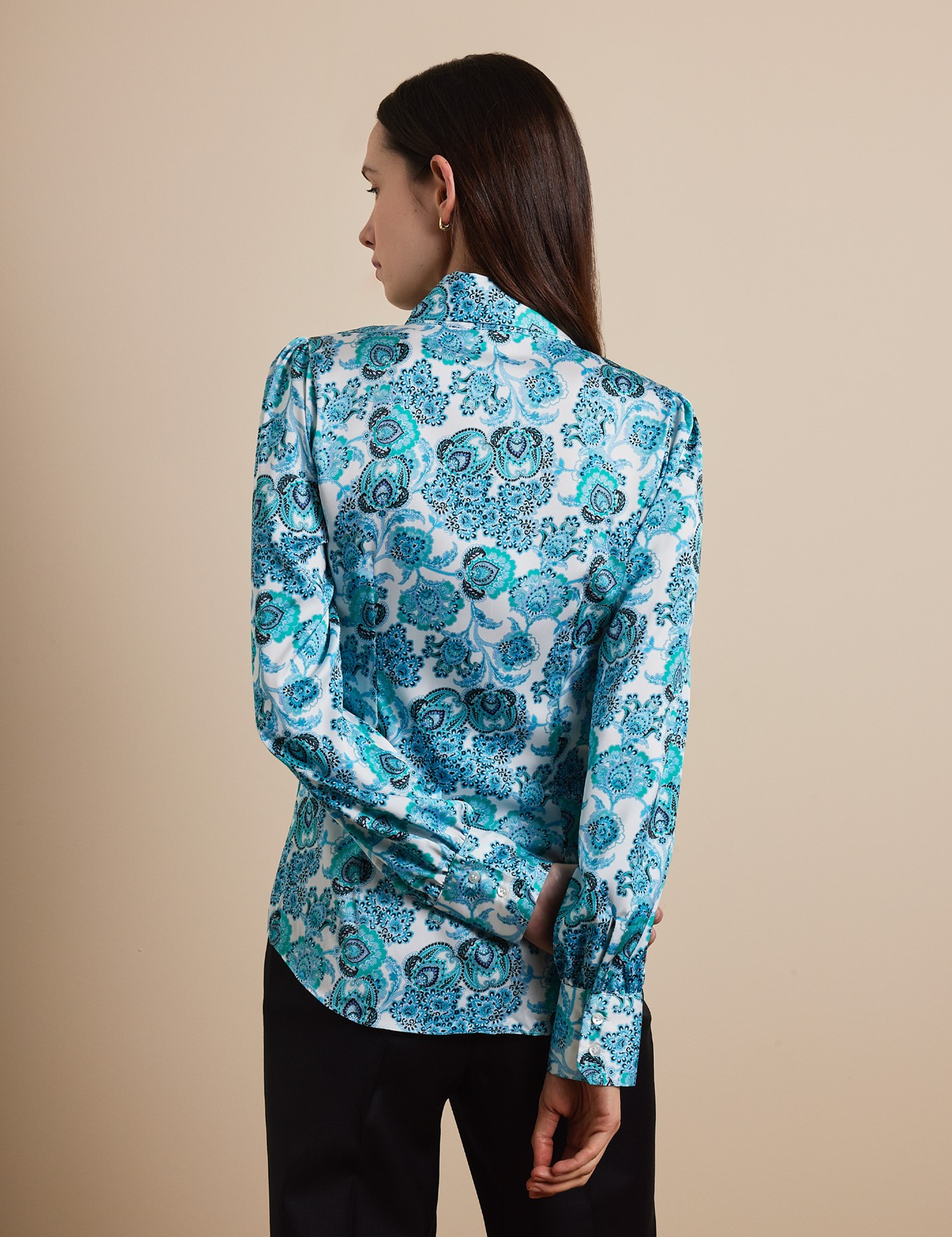 Hawes & Curtis White & Blue Paisley Pussybow Blouse Size: 10 image 3