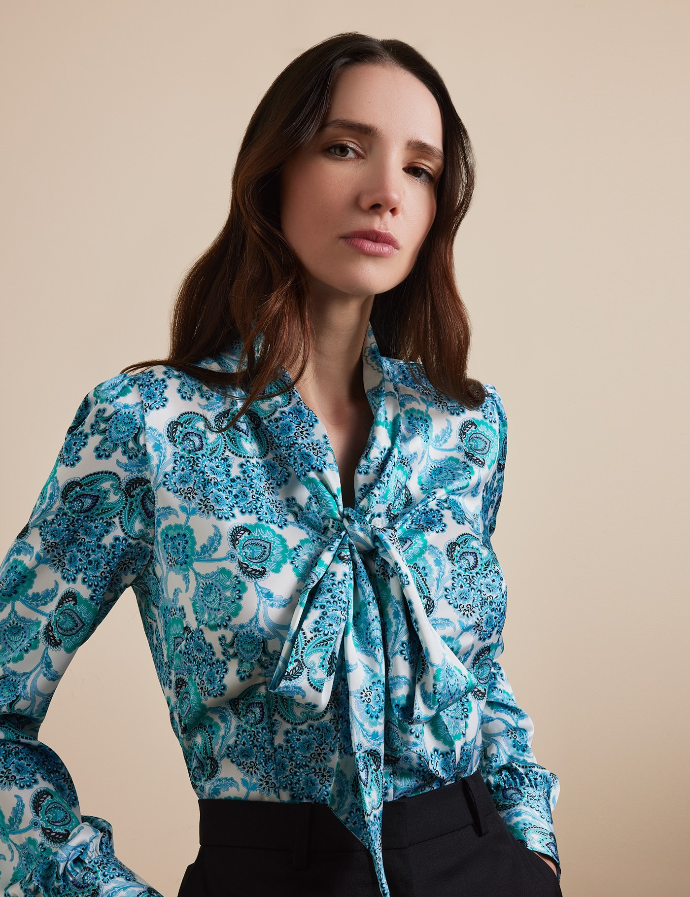 Hawes & Curtis White & Blue Paisley Pussybow Blouse Size: 10 image 2