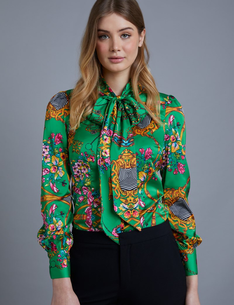 Womens Green Chain Print Fitted Satin Blouse Single Cuff Pussy Bow Hawes And Curtis 5252