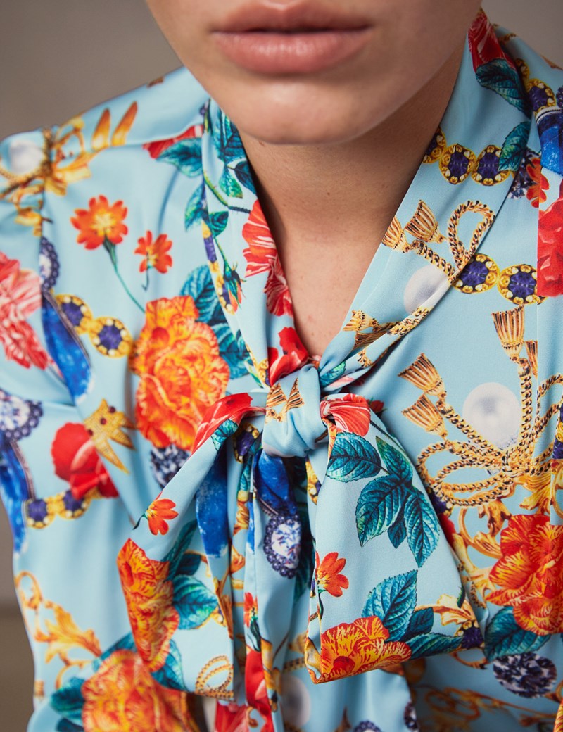 Women S Blue And Red Floral Fitted Satin Blouse Single Cuff Pussy Bow Hawes And Curtis