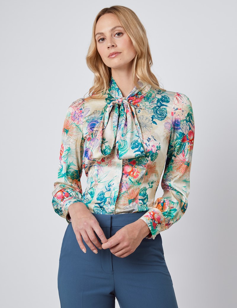 Womens Cream And Green Floral Fitted Satin Blouse Single Cuff Pussy