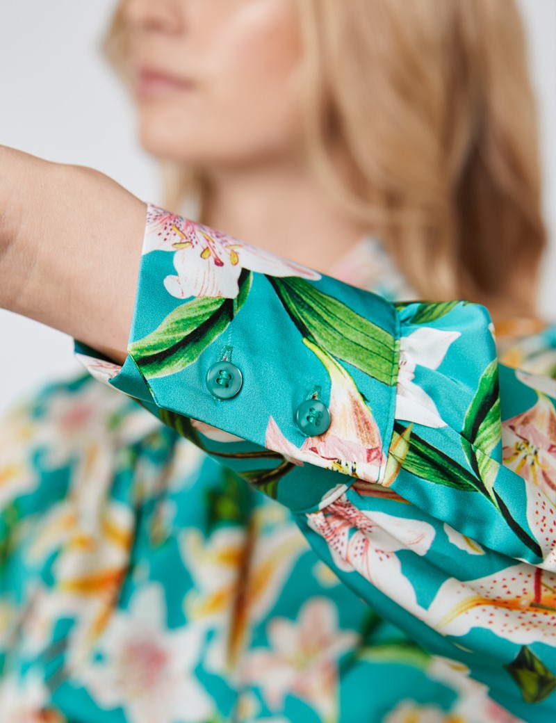 Womens Emerald Green Tropical Floral Fitted Satin Blouse Single Cuff Pussy Bow Hawes And Curtis 9398