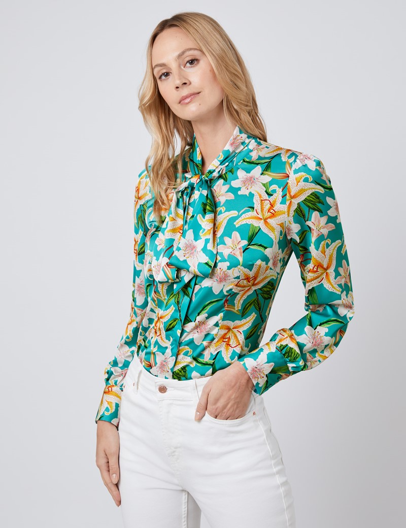 Womens Emerald Green Tropical Floral Fitted Satin Blouse Single Cuff Pussy Bow Hawes And Curtis 7697
